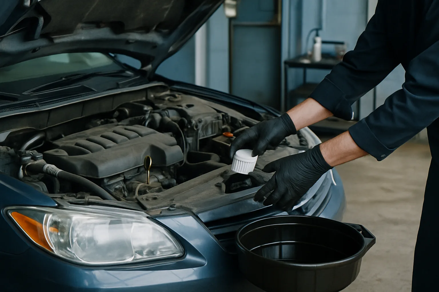 Oil change in progress, engine bay with drain pan and tools