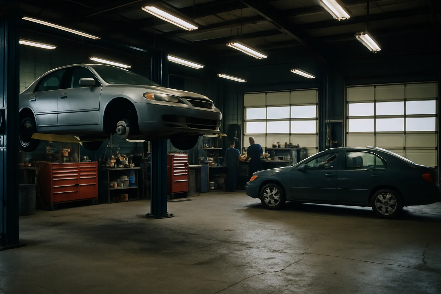 Two-bay garage with vehicles in various stages of service